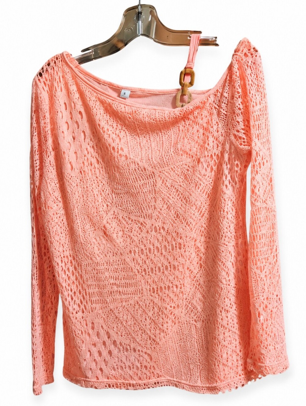 Women's Peach Crochet Lace Top Small Long Sleeve Tank Lined Boho Overlay Blouse